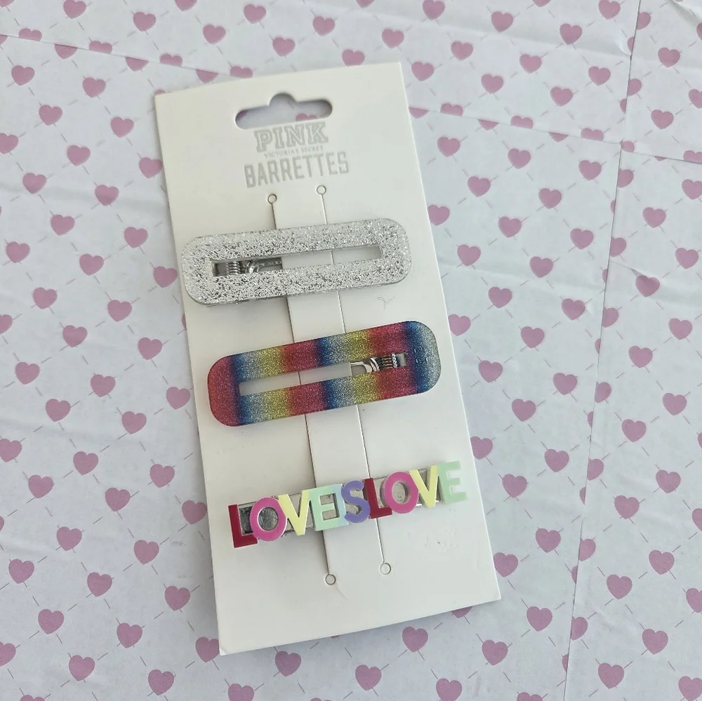 PINK Victoria’s Secret Hair Clips Set | Glitter Rainbow & LOVE Barrettes